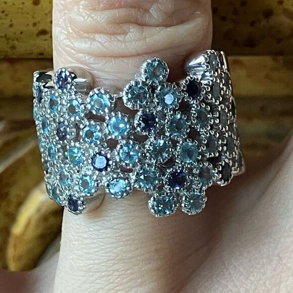 Natural Blue Apatite Iolite Sterling Silver Bubble Ring Size 7 - Picture 1 of 9